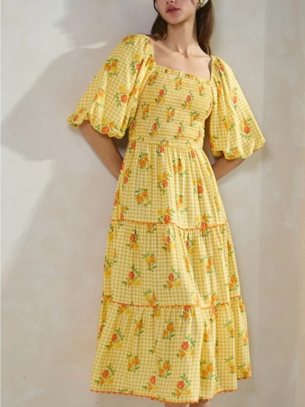 Cute Smocked Yellow Gingham Midi Dress with Puff Sleeves